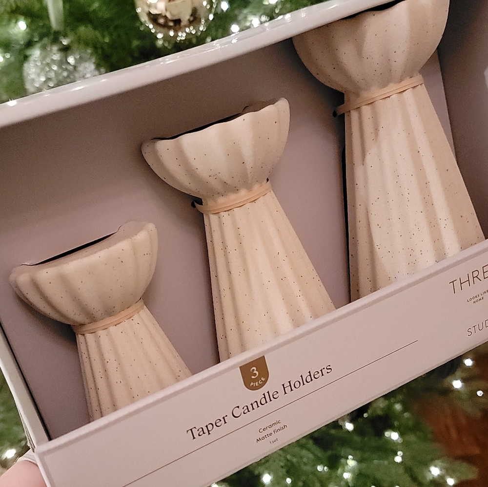 Last Day! Studio Mcgee Ceramic Ribbed Taper Candle Holders Set Beige Threshold - Picture 2 of 12